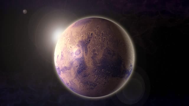 4K-animación-de-un-planeta-Marte-realista-con-sun-flare-en-el-espacio