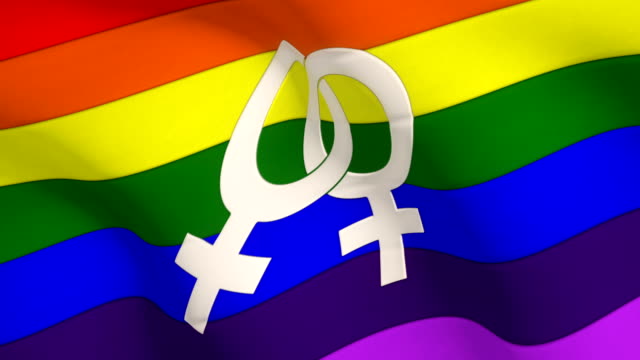 Lesbianas-arco-iris-ondeando-bandera-con-símbolo-de-género-femenino