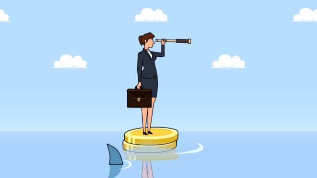 Flat-cartoon-businesswoman-character-with-case-bag-and-looks-through-spyglass-floating--near-sharks-on-dollar-coins-animation