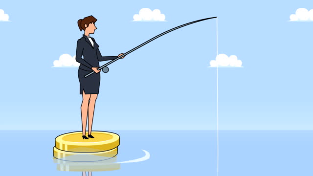 Flache-Zeichentrickkartoon-Geschäftsfrau-Charakter-Fischer-mit-Angel-Stange-schwimmt-auf-Dollar-Münzen-finanzieren-Geschäftskonzept-Animation