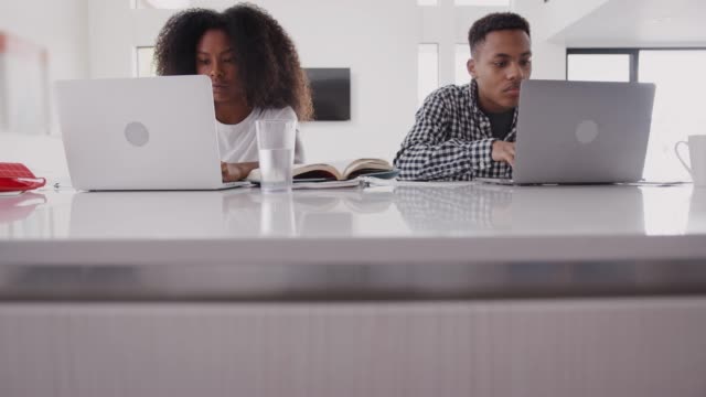 Black-teenage-brother-and-sister-sitting-at-home-using-laptop-computers,-front-view,-tilt-shot
