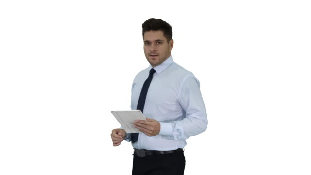 Happy-businessman-walking-in-using-tablet-turning-on-something-or-opening-something-on-white-background