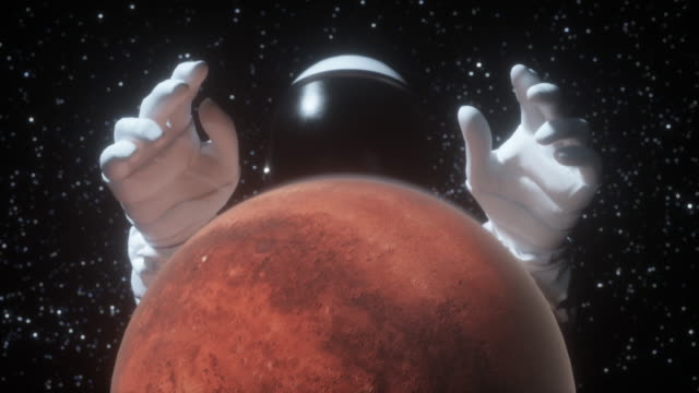 An-astronaut-stretches-his-hands-behind-the-planet-Mars