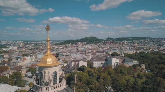 Aerial-view-of-St.-Jura-St.-George's-Cathedral-church-in-town-Lviv,-Ukraine