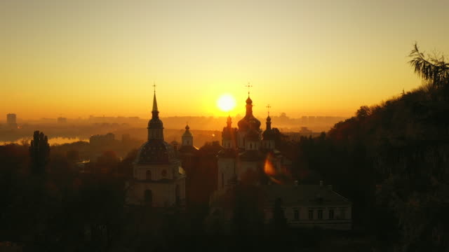 Aerial-view-christian-church-at-dawn.-Beautiful-monastery