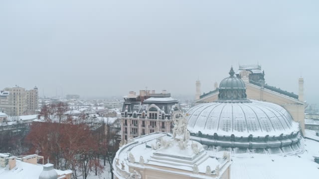 Cinematic-aerial-footage-of-snowy-winter-day-in-old-city-of-Odessa