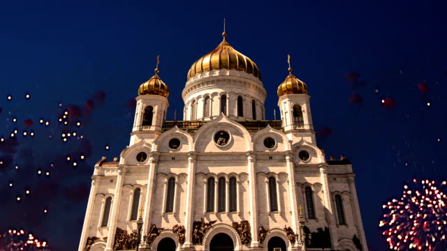 Feuerwerk-über-der-Christus-Erlöser-Kathedrale,-Moskau,-Russland.