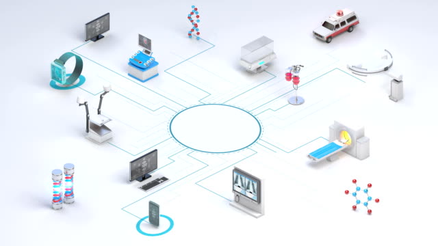 Varios-dispositivos-de-atención-médica-inteligentes,-equipo-médico-que-conecta-la-red-IoT.-escáner-de-resonancia-magnética,-ct,-rayos-X.-4k.