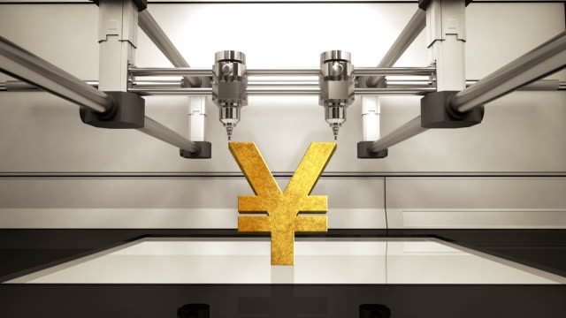 3D-printer-making-Yen-money-gold-currency-sign,-3D-scanner