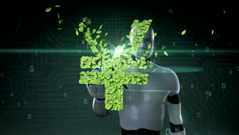 Robot-cyborg-touching-green-leaf-Yen-sign,-made-from-leaves.