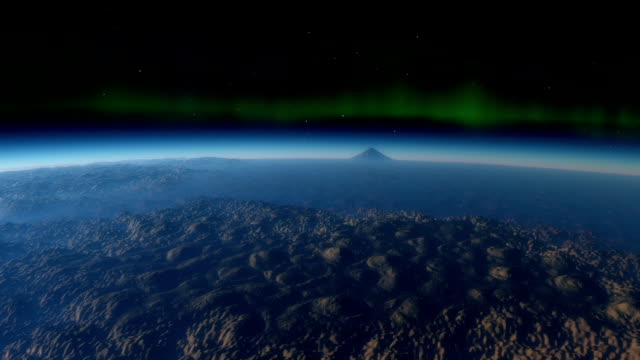 Timelapse-Raum-Animation-mit-einer-vulkanische-Exoplanet-mit-ständigen-Tageslicht,-Northern-Lights-und-einer-Galaxie-im-Hintergrund