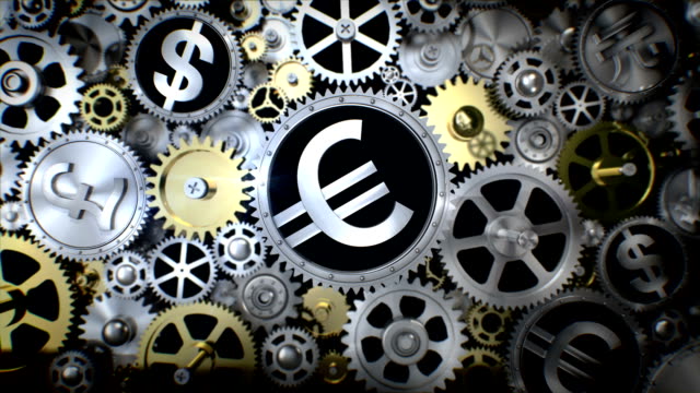 Rotating-Euro-currency-in-gear-unit-with-various-currency-sign.