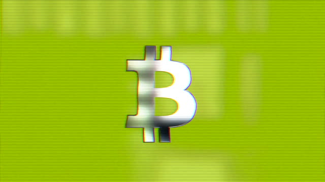 Abstrakte-Animation-von-Bitcoin-Währungszeichen.-Krypto-Währung-Bitcoin.-Globale-Internet-weltweit.-grünen-Hintergrund.-TV-Lärm