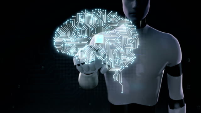 Robot,-cyborg-touching-brain-connected-CPU-chip-circuit-board,-4K-size-movie.grow-artificial-intelligence.-2.