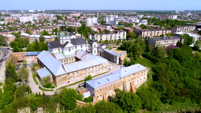 Aerial-view-of-Monastery-of-the-bare-Carmelites-in-Berdichev,-Ukraine.-The-cityscape-from-a-bird's-eye-view-of-the-city-of-Berdichev.