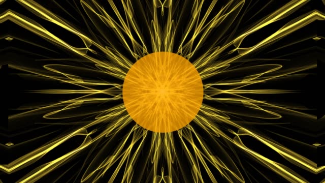 Yellow-plasmatic-rays-with-tunnel-effect,-golden-circle-in-middle-of-scene-appearing-and-disappearing.-Cosmos-sci-fi-footage