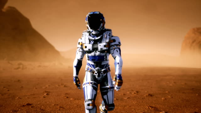 El-astronauta-camina-sobre-la-superficie-de-Marte-a-través-de-una-tormenta-de-polvo.-Paisaje-panorámico-en-la-superficie-de-Marte.-Animación-cinematográfica-realista.