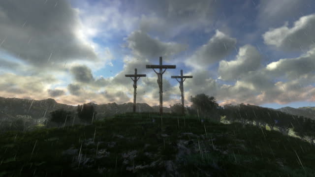 Jesús-en-la-cruz,-timelapse-puesta-de-sol,-lloviendo