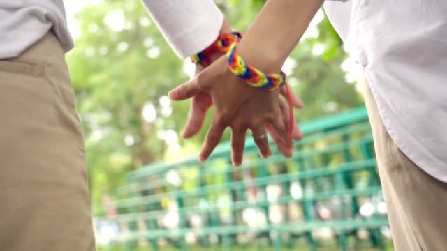 Slow-motion-Close-up-of-happy-lesbian-couple-holding-hands,-LGBT-love-concept