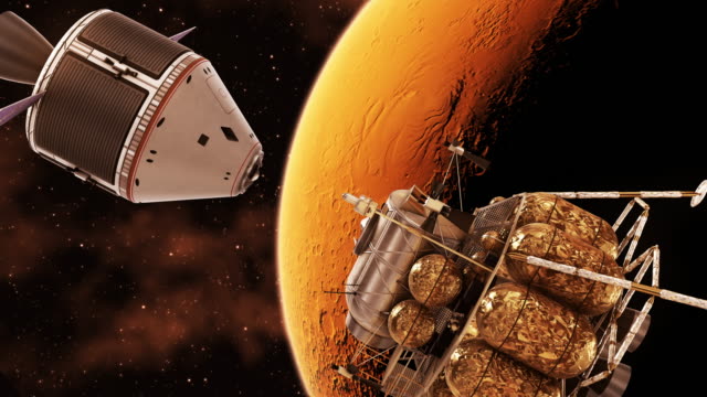 4K.-Abdocking-der-Kapsel-der-interplanetaren-Raumstation-und-Mars-Lander.