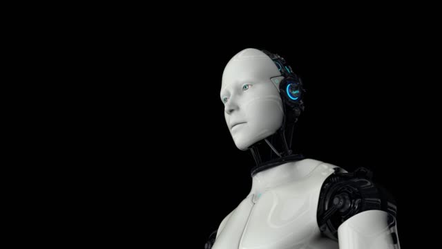 Roboter-Android-wird-aktiviert-und-hebt-seinen-Kopf.-Künstliche-Intelligenz.-Die-Kamera-zoomt-hinein.-Auf-schwarzem-Hintergrund.-4K.-3D-Animation.