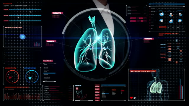 Businesswoman-touching-digital-screen,-Rotating-Human-lungs,-Pulmonary-Diagnostics.