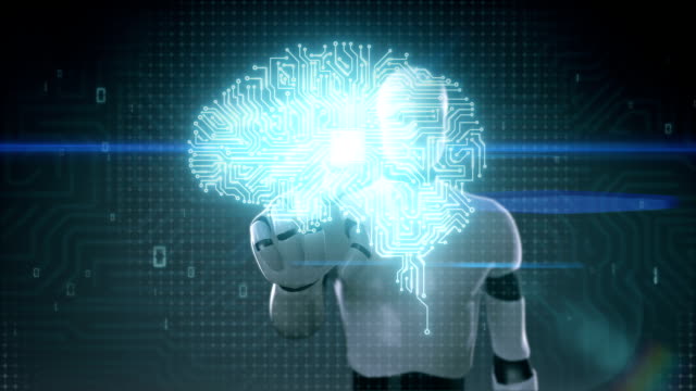 Robot-touching-brain-connected-CPU-chip-circuit-board,-artificial-intelligence
