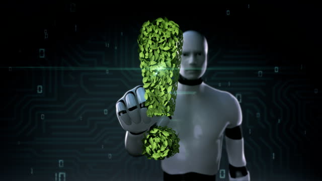 Robot-touching-green-exclamation-mark-made-from-leaves.-leafs.