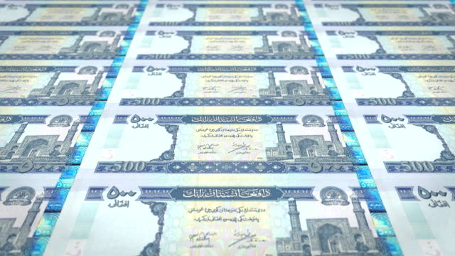 Banknotes-of-five-hundred-afghani-of-the-bank-of-Afghanistan-rolling-on-screen,-coins-of-the-world,-cash-money,-loop