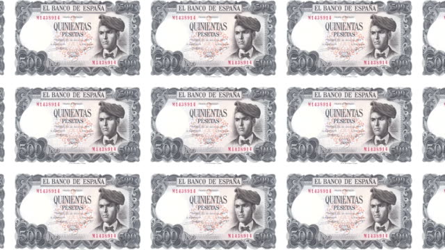 Banknotes-of-five-hundred-spanish-pesetas-of-the-bank-of-Spain-rolling-on-screen,-coins-of-the-world,-cash-money,-loop