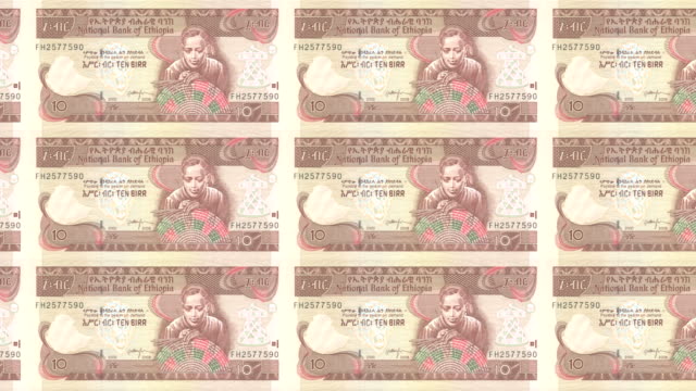 Banknotes-of-ten-Ethiopian-birr-of-Ethiopia-rolling,-cash-money,-loop