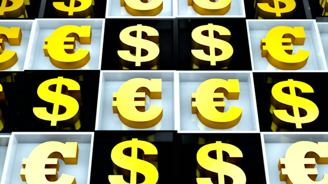 Zusammenfassung-Hintergrund-mit-Euro-Zeichen-und-Dollar-auf-schwarze-und-weiße-Würfel