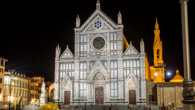 Tourists-on-Piazza-di-Santa-Croce-at-night-timelapse-with-Basilica-di-Santa-Croce-Basilica-of-the-Holy-Cross-in-Florence-city