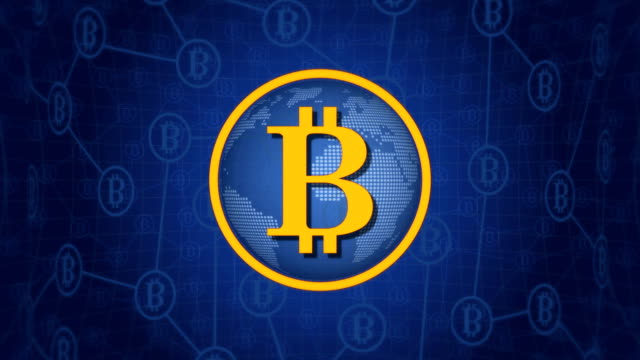 Bitcoin-Währung-Zeichen-auf-dem-dunkelblauen-Hintergrund