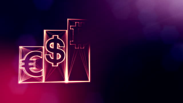 Columns-with-signs-of-bitcoin-dollar-and-euro.-Financial-background-made-of-glow-particles-as-vitrtual-hologram.-Shiny-3D-loop-animation-with-depth-of-field,-bokeh-and-copy-space.-Violet-background-1