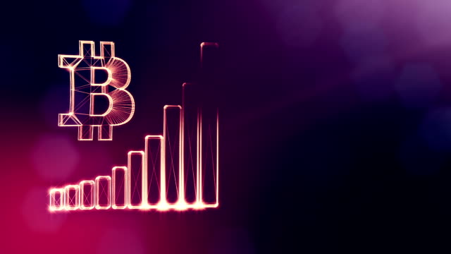 Sign-of-Bitcoin-and-diagram.-Financial-background-made-of-glow-particles-as-vitrtual-hologram.-Shiny-3D-loop-animation-with-depth-of-field,-bokeh-and-copy-space.Violet-background-1