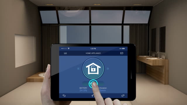 Touching-IoT-smart-pad-application,-Home-security-lock-energy-saving-efficiency-control,-Smart-home-appliances,--internet-of-things.
