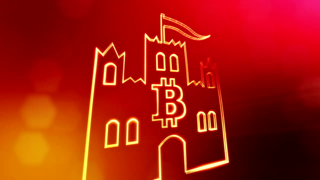 Logo-Bitcoin-in-das-Emblem-des-Schlosses.-Finanzieller-Hintergrund-aus-Glühen-Teilchen-als-Vitrtual-Hologramm.-Glänzende-Schleife-3D-Animation-mit-Tiefe-Feld,-Bokeh-und-Kopie.-Rote-Farbe-v2