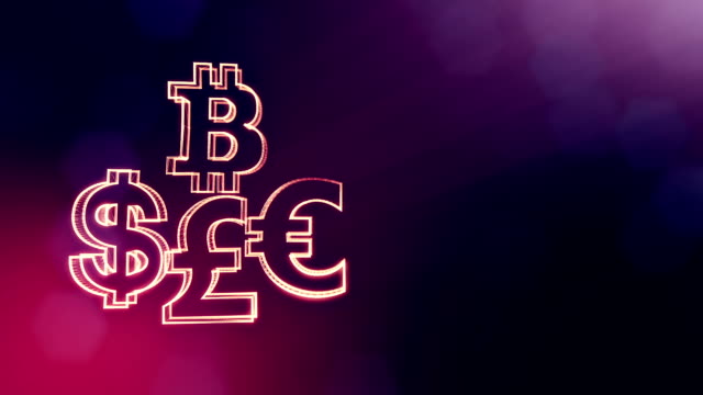 Symbol-Bitcoin-Dollar-Euro-Pfund.-Finanzieller-Hintergrund-aus-Glühen-Teilchen-als-Vitrtual-Hologramm.-Nahtlose-3D-Animation-mit-Tiefe-des-Feldes,-Bokeh-und-Kopie-Raum.-Violette-Farbe-V2