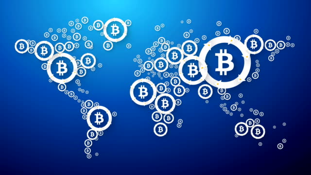 moderne-Weltkarte-mit-Bitcoin-Konzept-auf-blauem-Hintergrund