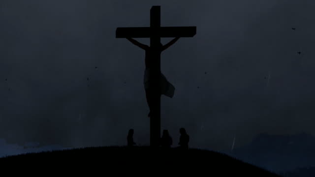 Christians-praying-at-Jesus-cross,-night-storm-with-lightnings,-panning