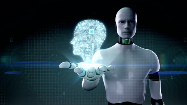 Roboter,-Cyborg-öffnen-Palm,-Gehirn-Gehirn-Form-Platine,-4K-movie.grow-künstliche-Intelligenz-verbunden.