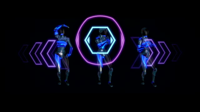 Roboter-mit-einem-Kunststoff-Gesicht-tanzen-mit-virtuellen-holografische-Oberfläche.-Zukunftskonzept