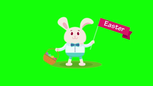 Easter-bunny-in-white-shirt-holds-in-paw-wicker-basket-with-Easter-eggs,-waving-a-flag