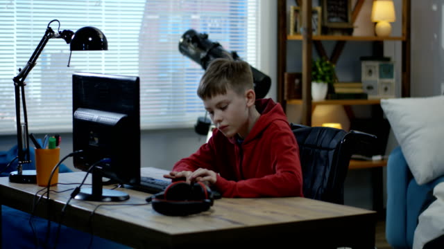 Niño-presidido-por-el-timón-usando-computadora