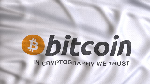Bitcoin-Flagge-winkt-mit-Text-in-Kryptographie-wir-vertrauen.-Krypto-Währungs-Illustrationskonzept