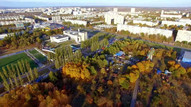 Aerial-view-to-residential-area-and-park-in-Kharkiv,-Ukraine