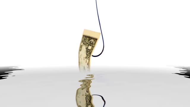 Dollar-on-fish-hook-reflecting-in-water