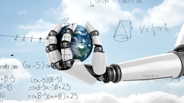 Mathematische-Gleichung-und-eine-Roboterhand,-die-einen-Globus-hält.