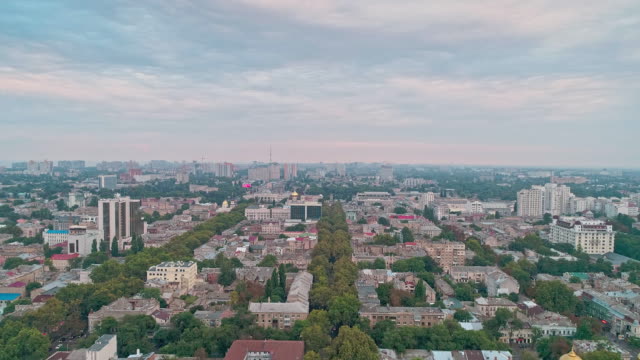 Vista-aérea-panorámica-del-centro-de-la-ciudad-de-Odessa-revelando-árboles-verdes-en-calles-y-techos